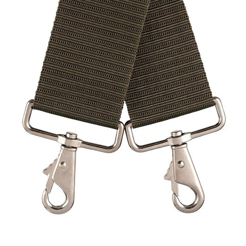 Close-up of utility clips on Three Bag Tool Bag Set With Suspenders In Mossy Oak Camo Heavy Duty 1680D Poly Fabric LoadBear Stretch Suspension.