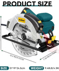 Front view of Enventor 7-1/4 inch circular saw in blue with laser guide and two blades (40T/24T)