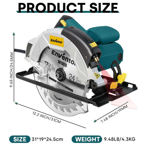 Front view of Enventor 7-1/4 inch circular saw in blue with laser guide and two blades (40T/24T)