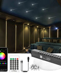 Shine Like A Shooting Star Dope 96 Fiber Optic Strands Kit in home theater setting with Bluetooth remote and accessories.
