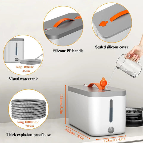 Premium Handheld Steam Cleaner For Crushing Gnarly Messes Off Tile Floors Kitchen Counters Car Interiors And Stubborn Bathroom Residue Quick Heat Up White with silicone handle, visual water tank, and explosion-proof hose.