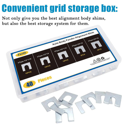 40 Piece Auto Body Fender Alignment Shim Kit Pro Grade Zinc Plated For Rugged Use in packaging with assorted sizes displayed