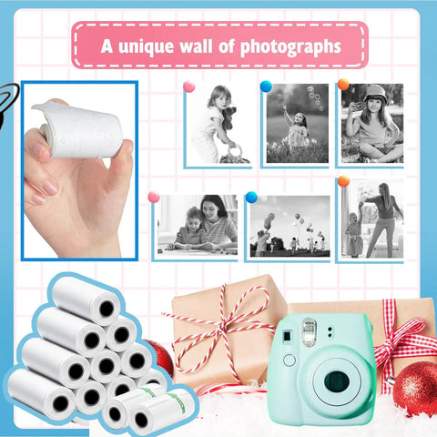 12 Rolls Mini Thermal Sticker Paper For Kids Instant Cameras, HD 2.2 Inch Thermal Paper Refills, White Sticker Paper Pack, No Hassle Easy Peel Adhesive, Compatible With Most Mini Thermal Printers, Perfect For Fun Photo Prints showing rolls and camera