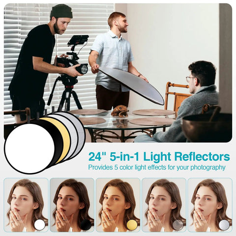 Two photographers using 8.5 By 10 Foot Backdrop Support System With Pro Lighting Kit, 5500K 50W LED, reflectors visible for studio shoot