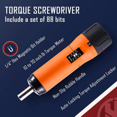 All-In-One Precision Quarter Inch Torque Screwdriver Set With Adjustable 10 To 70 Inch-Pounds, T-Bar Ratchet, Magnetic Bit Holder