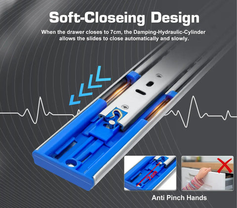 Heavy Duty 24 Inch Drawer Slides Full Extension Soft Close Ball Bearing Side Mount Runners For Cabinets And Tool Boxes 200 Lb Capacity showing hydraulic soft-close design.