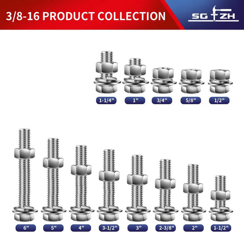 3/8-16 Hex Head Bolt Set With Nuts, Flat And Lock Washers, 20 Pcs, 1-1/2 Inch Length, 304 Stainless Steel hardware sizes displayed