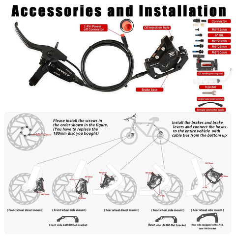 Installation guide for Heavy Duty 4 Piston Hydraulic Brakes For Electric Bike with 2-pin connectors and 180mm rotor.