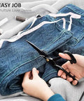 Person using Heavy Duty Fabric Scissors 9 Inch Pro Grade Tailor Shears For Leather Cutting Industrial Sharp Sewing Shears For Home Office Crafters Dressmakers And Artists on denim with measuring tape.