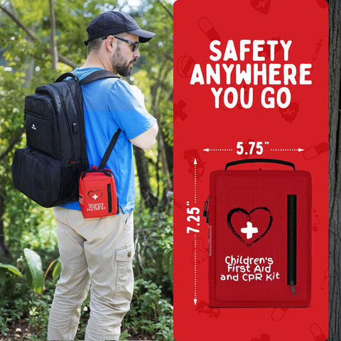 Kids' portable first aid kit with CPR shield, red pouch worn on hip next to a black backpack.