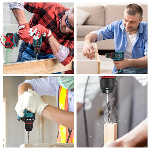 Four people using Powerful 18V Cordless Drill Driver With 354 In-Lbs Max Torque, 3-8 Inch Keyless Chuck, 21 Plus 1 Torque Settings, 1980 RPM, LED Light on wood projects.