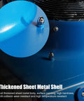 Close-up of heavy duty industrial portable spot cooler's thickened sheet metal shell, showcasing durable blue finish.