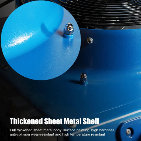 Close-up of heavy duty industrial portable spot cooler's thickened sheet metal shell, showcasing durable blue finish.