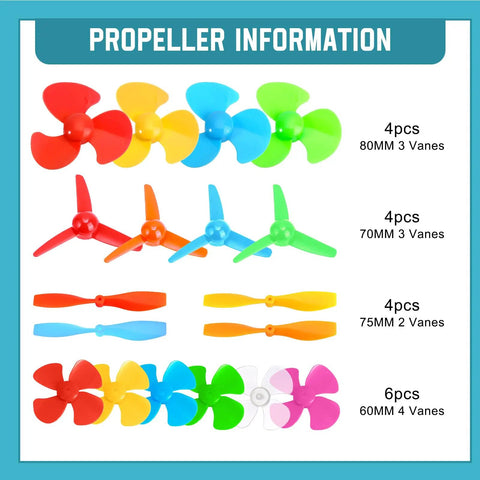 Colorful propellers from 276 Piece DC Motor Kit For DIY Science Projects With Motors LED Light Vanes Propellers Battery Holder Plastic Gears Switches Gift For Kids Kid Friendly Great For Classroom Projects And STEM Learning Weekend DIY Sessions.