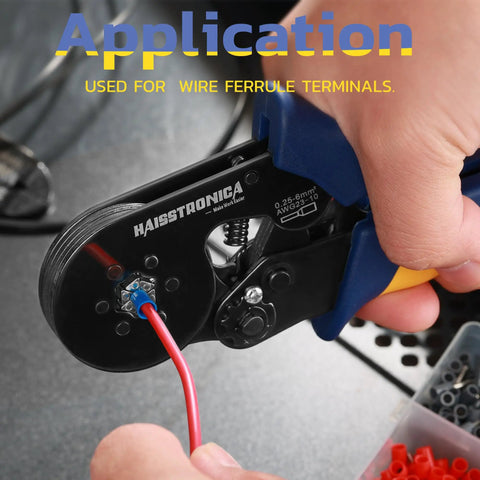 Close-up of Ferrule Crimping Tool Kit With 1200 Ferrules, Adjustable Ratchet Crimper For AWG 23 To 10 Wire End Ferrule Terminals.