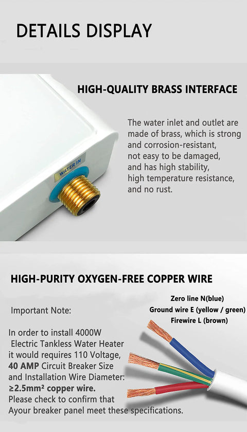 Close-up of brass interface and oxygen-free copper wire for 5500W Mini Electric Tankless Water Heater with remote and display.