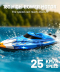 High Speed Waterproof RC Boat With Water Cooling, 2.4 GHz Remote in motion on a lake, showcasing vibrant blue design and LED lights