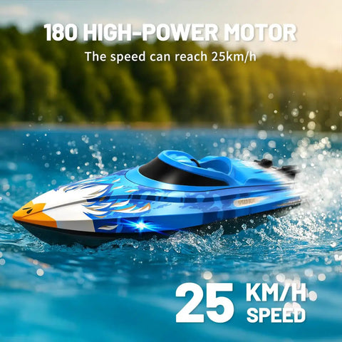 High Speed Waterproof RC Boat With Water Cooling, 2.4 GHz Remote in motion on a lake, showcasing vibrant blue design and LED lights