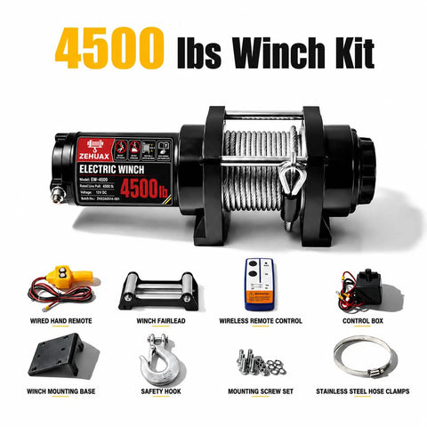 Heavy Duty Electric Winch With Steel Cable 4500 Lb Pulling Power For Atv Utv Trailer including control box and remote accessories.