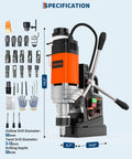 Professional Grade Magnetic Base Drill And 1850W High Torque Pot Drill With Pure Copper Motor And 2 Inch Coring Bit side view showing specifications and accessories.