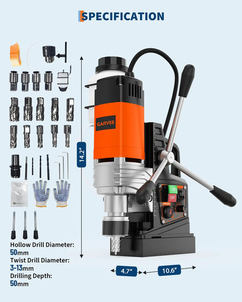 Professional Grade Magnetic Base Drill And 1850W High Torque Pot Drill With Pure Copper Motor And 2 Inch Coring Bit side view showing specifications and accessories.