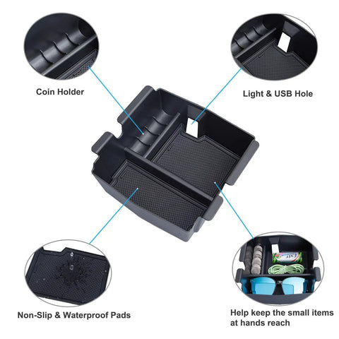 Center Console Organizer For Jeep Wrangler JL JLU And Gladiator JT 2018 Through 2026 Armrest Storage Tray with charging hole detail