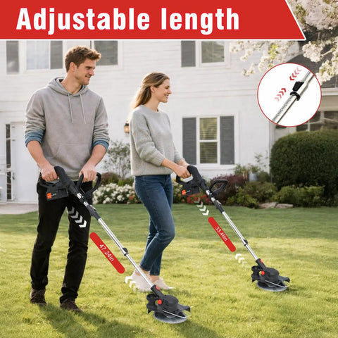 Two people using Cordless 24V Weed Wacker With Eight Inch Cutting Head Foldable 3 In 1 Trimmer Edger Mower in a garden