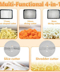 Front view of a 4-in-1 electric vegetable processor with stainless steel discs for slicing, dicing, shredding.
