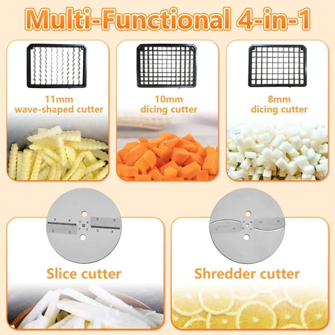 Front view of a 4-in-1 electric vegetable processor with stainless steel discs for slicing, dicing, shredding.