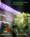 Full spectrum grow lights on vertical 36 pod hydroponics growing system for leafy greens with spectrum chart