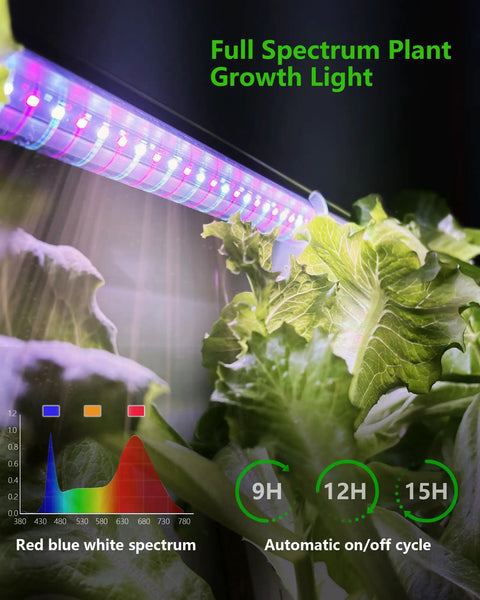 Full spectrum grow lights on vertical 36 pod hydroponics growing system for leafy greens with spectrum chart