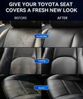 Before and after image of Toyota seat covers showcasing scratches, fading, and stains fixed by Toyota Leather Repair Kit 8-Piece.