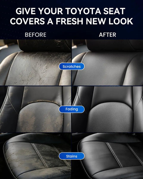 Before and after image of Toyota seat covers showcasing scratches, fading, and stains fixed by Toyota Leather Repair Kit 8-Piece.