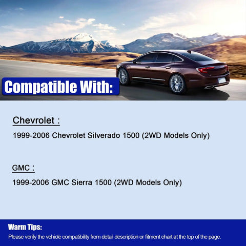 Compatibility chart for Chevrolet Silverado 1500 and GMC Sierra 1500 1999-2006 2WD, showing car on open road.