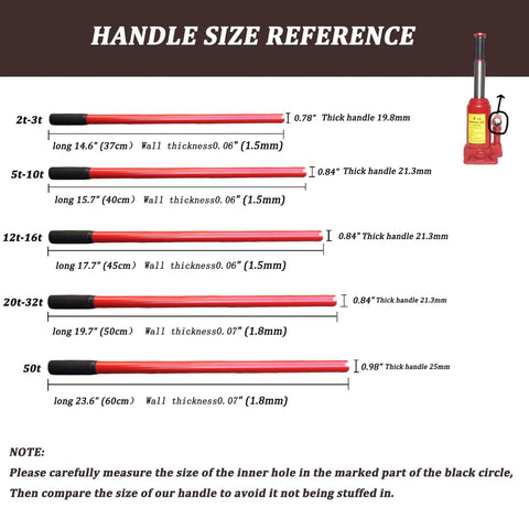 Beefy Heavy Duty Jack Handle Extension for Hydraulic Bottle Jacks With No Slip Sleeve handle size reference chart 12T-16T