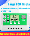 Solar charge controller with large LCD, 50A capacity for managing battery power. Ideal for off grid setups.