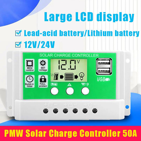 Solar charge controller with large LCD, 50A capacity for managing battery power. Ideal for off grid setups.