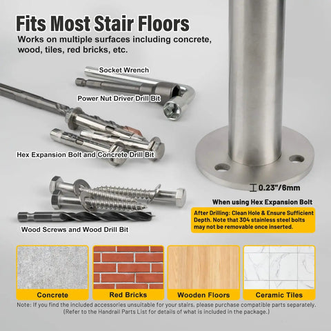 Top Notch 304 Stainless Steel Two Step Stair Handrail Kit hardware set including drill bits and screws for various surfaces.