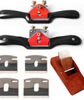 Rock Solid Adjustable Spokeshave Set With Six Precision Blades And Portable Woodworking Plane showing dual spokeshaves and steel cutter blades.