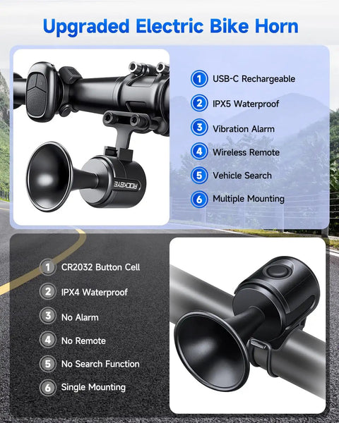 120dB Loud Electric Bike Horn With Antitheft Alarm And Rechargeable Vibration Sensor Wireless Remote IPX5 Waterproof Bicycle Bell For Adults Kids Scooters And E Bikes
