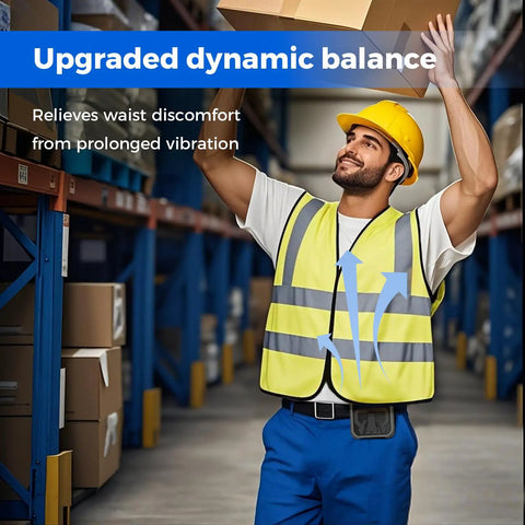 Worker in safety vest using Go-To Portable Waist And Neck Cooling Fan With 10000mAh Battery for relief in warehouse