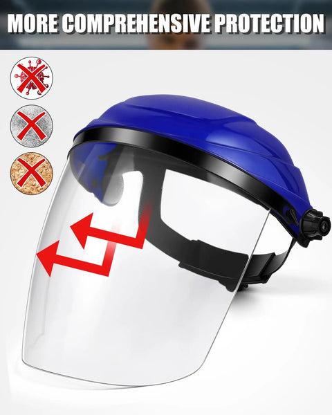 4 Pack Safety Face Shields For Grinding And Cutting with blue visor, full face protection mask, and impact resistant design
