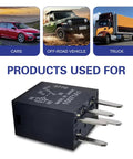 Heavy Duty 2 Pack Fuel Pump Relay 5 Pin 30 Amp 12 Volt Direct Plug Power Switch shown alongside cars and trucks.