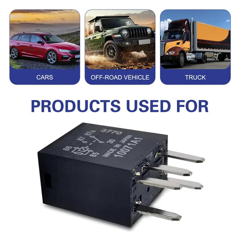 Heavy Duty 2 Pack Fuel Pump Relay 5 Pin 30 Amp 12 Volt Direct Plug Power Switch shown alongside cars and trucks.