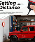 Adjustable LED Garage Parking Sensor With Dual Power Hookups And Glowing Color Coded Warning Lights Portable Car Stop Aid setting distance with red LED light.