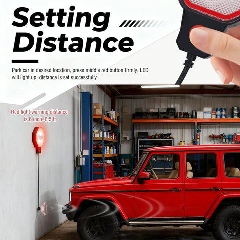 Adjustable LED Garage Parking Sensor With Dual Power Hookups And Glowing Color Coded Warning Lights Portable Car Stop Aid setting distance with red LED light.