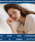 Woman sleeping peacefully next to 6 Inch Through Wall Exhaust Fan With Retractable Duct And Aluminum Grease Filter 80 CFM High Airflow And Quiet 4.0 Sones Bathroom Vent Fan For Quick And Easy Home Venting info graphic