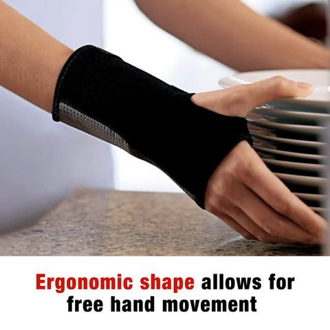 Person wearing Reversible Wrist Brace for Sore, Weak, and Injured Wrists, Breathable Comfort, while handling dishes.