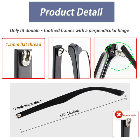 Killer TR90 Replacement Temples For Thick And Slim Frames, Durable Flexible Eyeglass Legs with 1.5mm flat thread and 6mm width