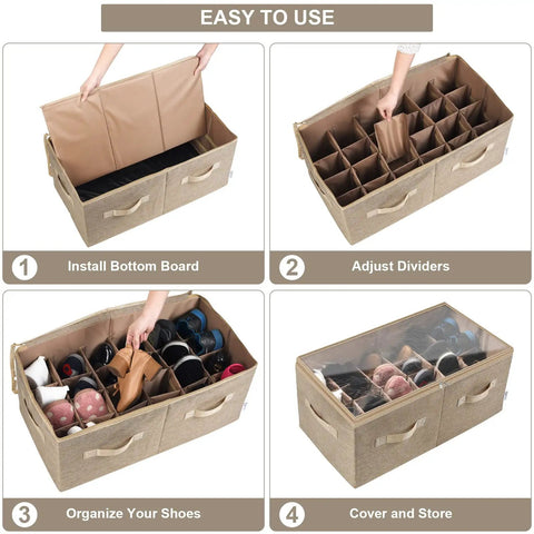 Steps to use Closet Shoe Organizer With Clear Cover And Adjustable Dividers Large 24 Pair Shoe Rack And Basket Light Brown Finish